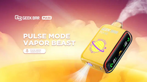 Yellow and pink image with clouds of smoke showing a Geek Bar Pulse vape where you can see the giant screen and the Pulse Mode selector