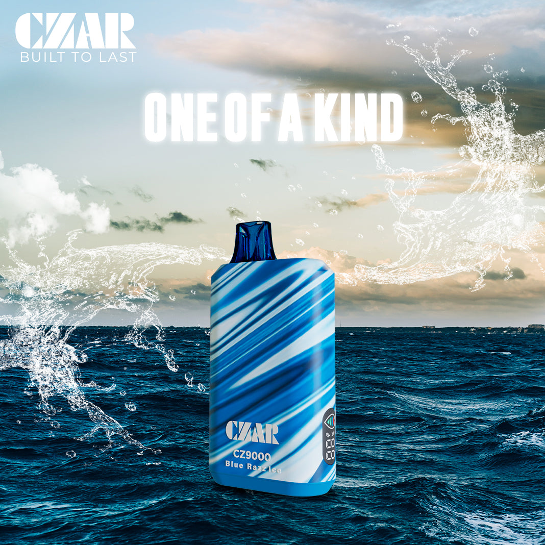 CZAR CZ9000 Blue Razz Ice vape displayed with a refreshing ocean backdrop and a splash effect, highlighting its unique flavor.