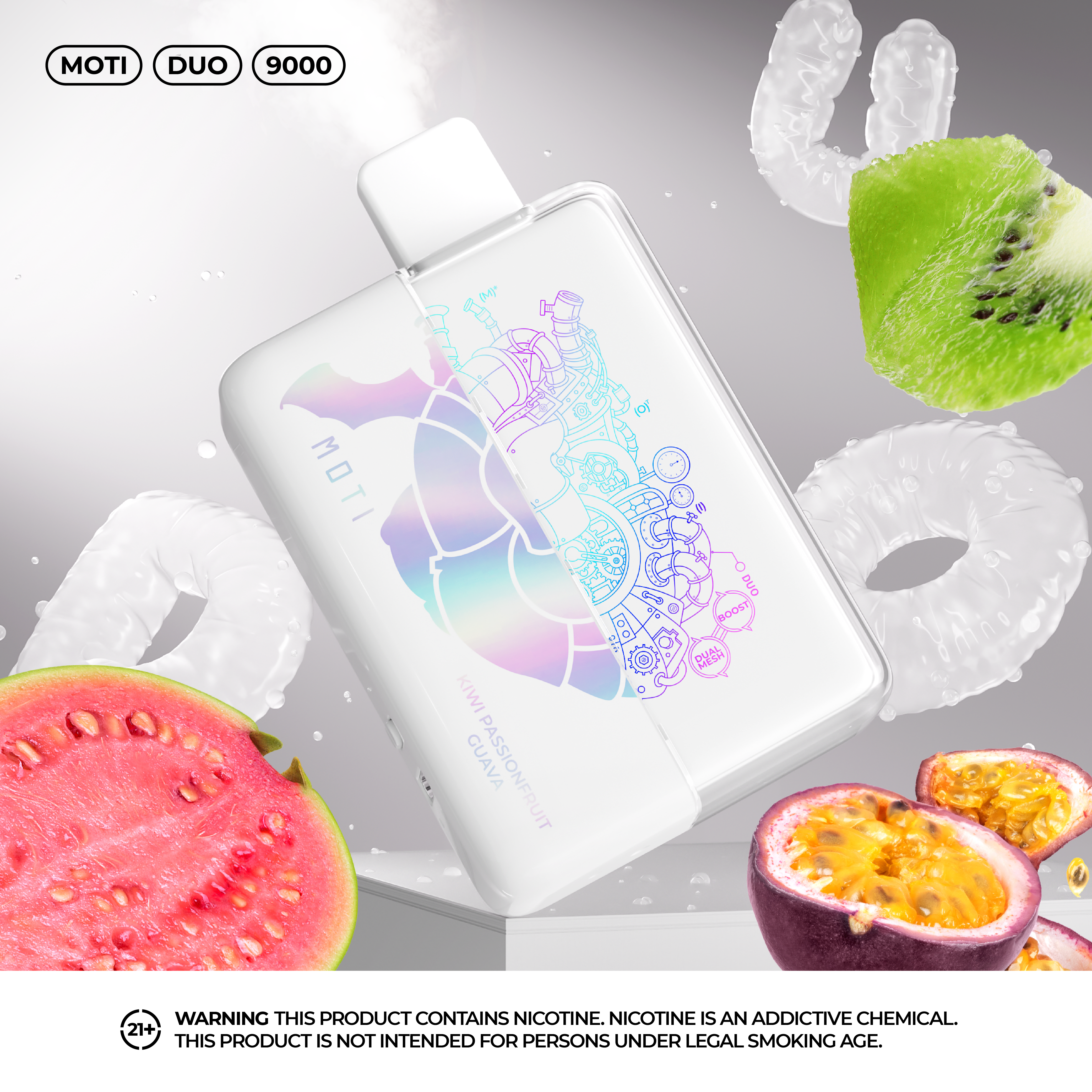 Moti DUO 9000 disposable vape image of Kiwi Passionfruit Guaba flavor