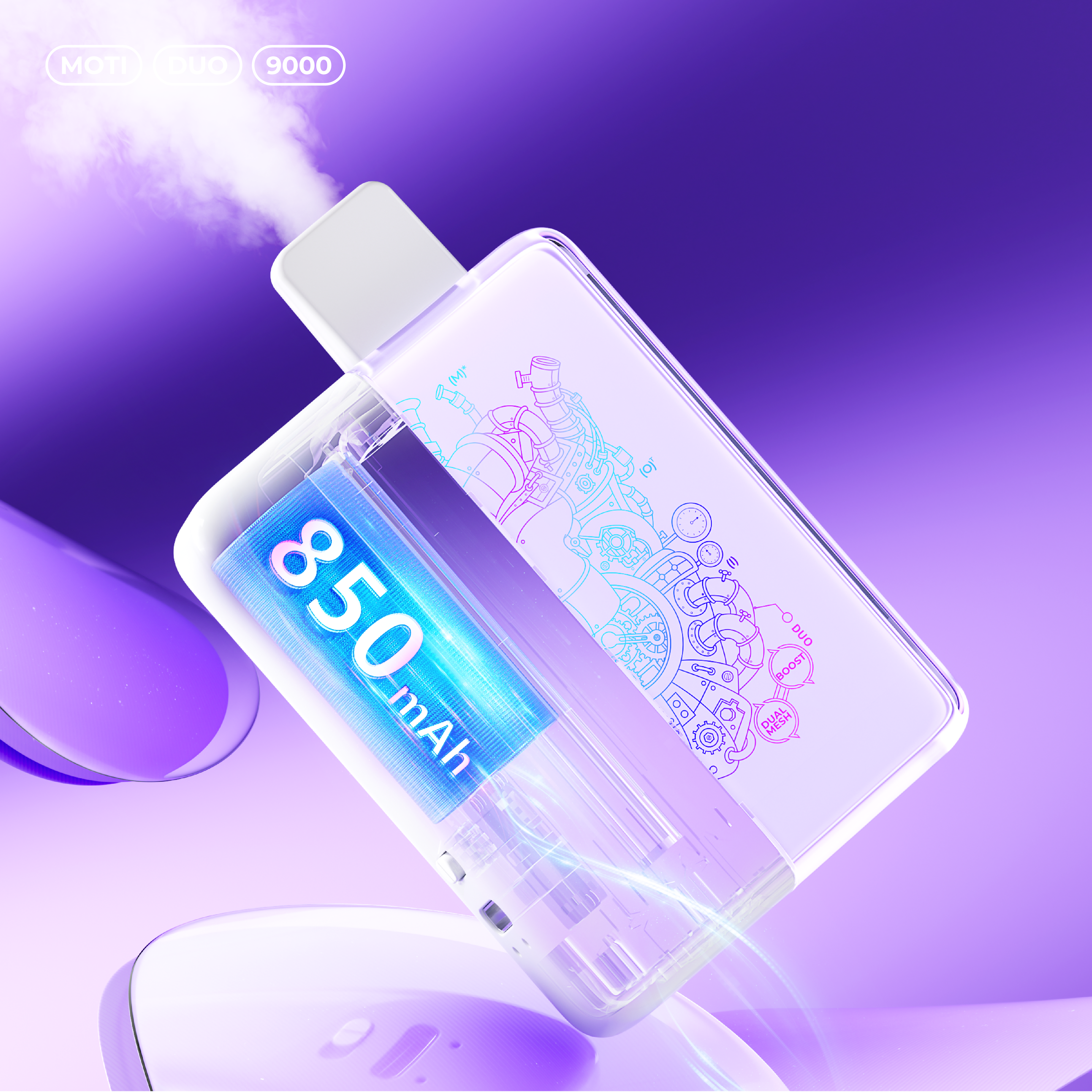 Moti DUO 9000 disposable vape image showing its 850mAh battery