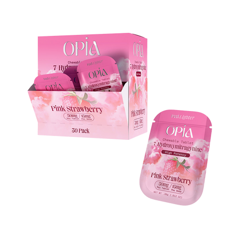 Opia High Potency 30mg Chewable Tablets in pink strawberry flavor, premium kratom