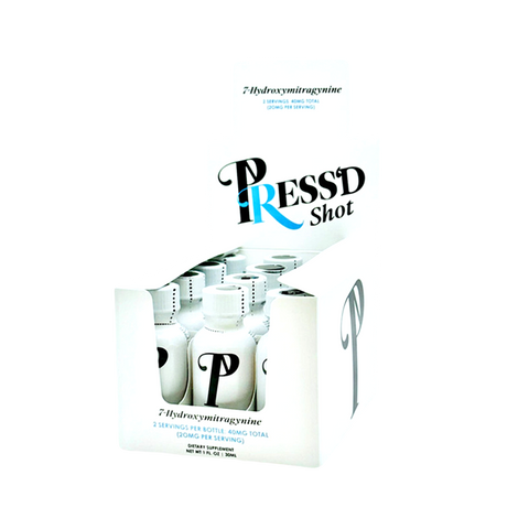 Press’d Kratom 7-hydroxymitragynine shot display with 30mL bottles, 40mg total per shot.