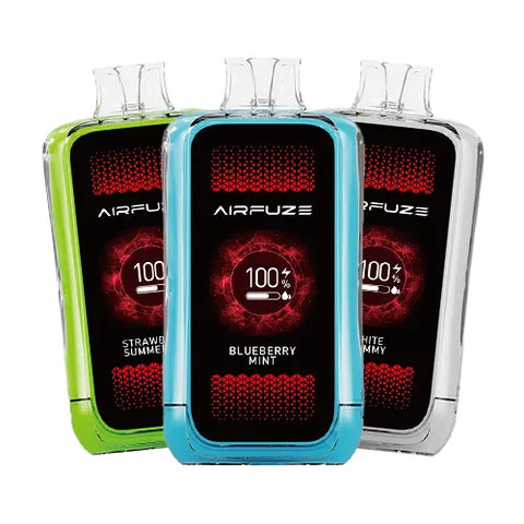 Image presenting 3 Airfuze Jet 20000 Vapes from a comprehensive 10 Pack bundle, showcasing devices in Light gray (White Gummy), Yellow-green (Strawberry Summertime), and Maximum red (Strawberry Kiwi Watermelon) colors, illustrating a sample of the extensive flavor options available in the 10 Pack.
