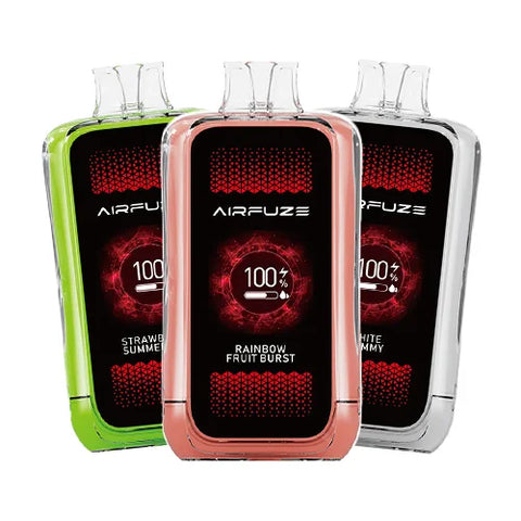 Image displaying 3 Airfuze Jet 20000 Vapes in a bundle, showcasing devices in Charm pink (Frozen Peach), Meadowlark (Blueberry Mint), and Maximum red (Watermelon Ice) colors, highlighting the variety of flavors and designs available in the 3 Pack.