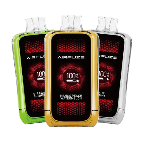 Image featuring 3 Airfuze Jet 20000 Vapes from a 5 Pack bundle, including devices in Tufts blue (Blue Razz Ice), Gold (Mango Peach Watermelon), and Liberty (Grape Cloud) colors, representing the diverse flavor selection available in the 5 Pack.
