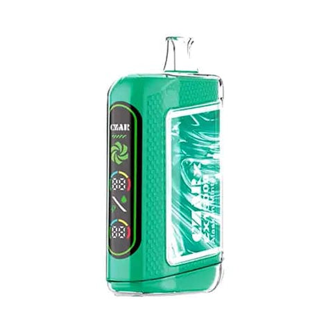 The CZAR CX 15000 Disposable Vape in Alaskan Mint flavor, featuring a futuristic design with a dual green ultra screen display. This innovative CZARx vape offers up to 15,000 puffs, adjustable airflow, and enhanced flavor delivery for an invigorating vaping experience.