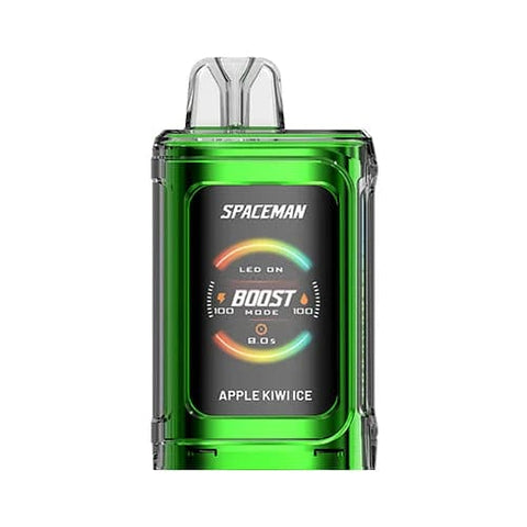 A front image of the green Apple Kiwi Ice flavored Spaceman Vape PRISM 20k vape device, showing its futuristic ergonomic design and large color