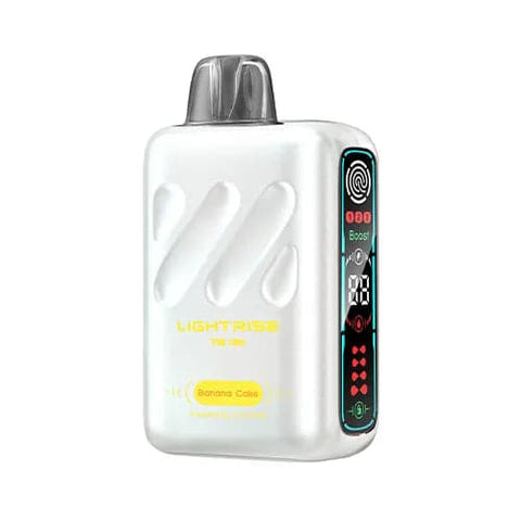 Front view of a white Lost Vape Lightrise TB 18K vape device showcasing its modern design, long screen, and touch button for mode selection, offering an indulgent Banana Cake flavor.