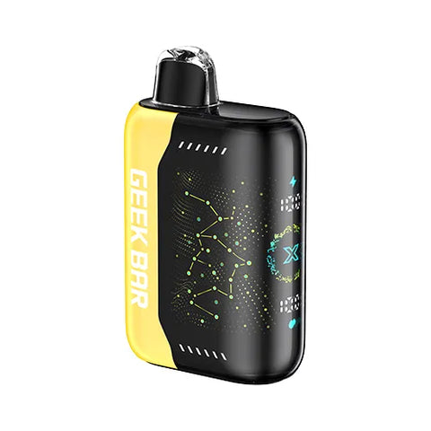Front view of a sleek yellow Geek Bar Pulse X 25K vape device showcasing its innovative 3D curved screen, featuring the refreshing Banana Taffy Freeze flavor.