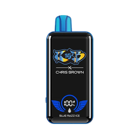 Front view of the sapphire-colored Chris Brown CB15K Vape in Blue Razz Ice flavor, showcasing its sleek design, unique display screen, and advanced features for an invigorating vaping experience.