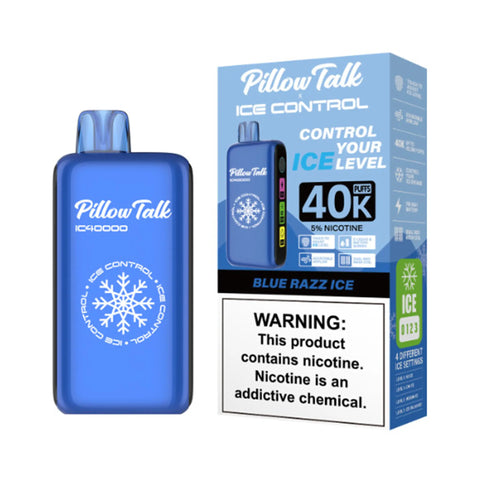Pillow Talk Vape Blue Razz Ice, a tart and sweet blue raspberry flavor with an icy twist, ideal for those who enjoy cool pillow talk vape flavors with Ice Control IC40000