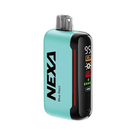 Front view of the NEXA N20000 Disposable Vape in Middle Blue Green color, showcasing the 'Mega Screen' display and featuring the tangy and electrifyingly sweet Blue Razz flavor. 