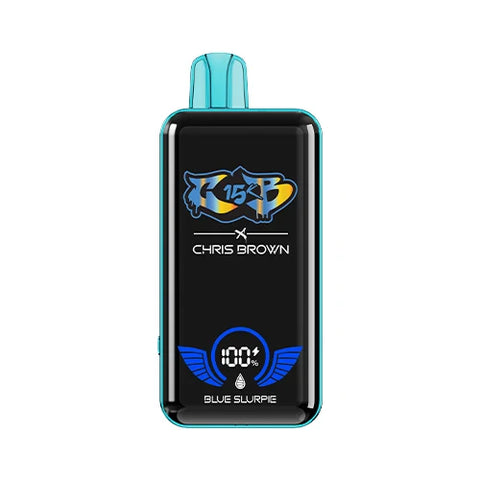 Front view of the maximum blue green Chris Brown CB15K Vape in Blue Slurpie flavor, highlighting its sleek design, unique display screen, and advanced features for a nostalgic and satisfying vaping experience.
