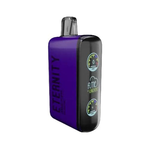 Dark purple disposable Fume Eternity Vape device with a digital display screen visible on the front. The screen displays battery life, vaping mode, and e-liquid level.