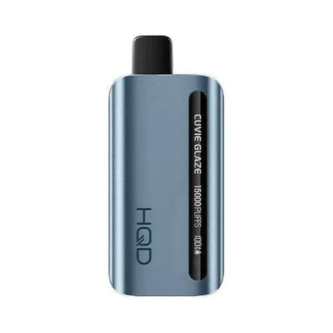 HQD Glaze 15000 Vape in silver blue color with LED display showing battery and e-liquid percentage. The Blueberry Lemonade flavor offers a sophisticated and discreet design, featuring a 650mAh battery capacity, 7-12W power range, and 1.3 ohm resistance for an exceptional vaping experience.
