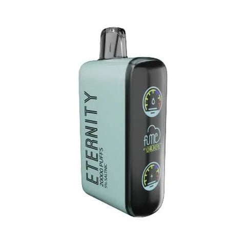 Fume Eternity disposable vape device with a digital display screen visible on the front. The screen displays battery life, vaping mode, and e-liquid level.