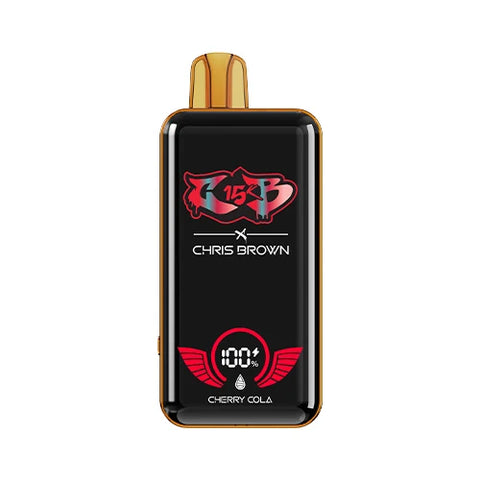 Front view of the liver-colored Chris Brown CB15K Vape in Cherry Cola flavor, showcasing its sleek design, unique display screen, and advanced features for an authentic and enjoyable vaping experience.