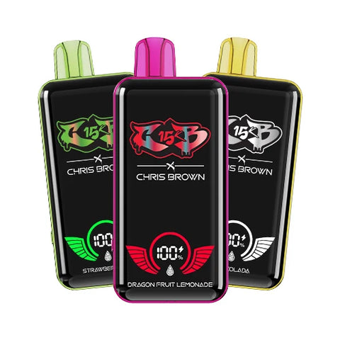 The Chris Brown CB15K Vape 10 Pack Bundle, showcasing 3 devices in different colors and flavors, highlighting the option to mix and match flavors for a truly customized vaping experience.