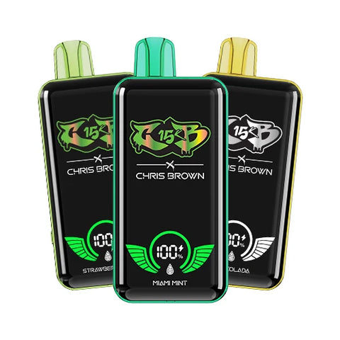 The Chris Brown CB15K Vape 5 Pack Bundle, displaying 5 devices in different colors and flavors, emphasizing the ability to mix and match flavors for a personalized vaping experience.