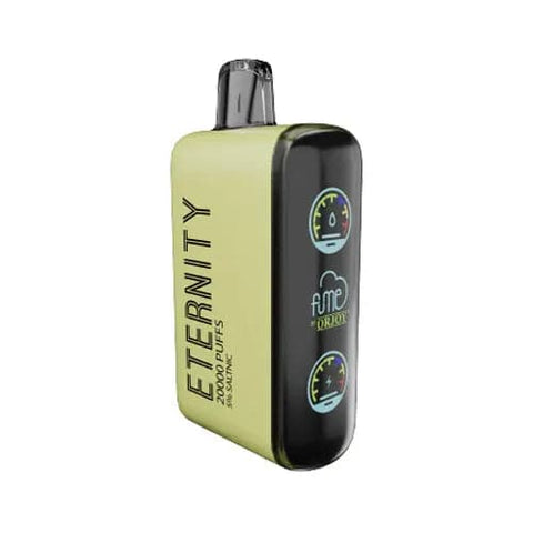 Yellow Fume Eternity disposable vape device with a digital display screen visible on the front. The screen displays battery life, vaping mode, and e-liquid level.