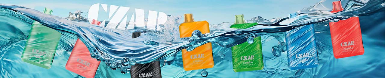Czar disposable vapes displayed in vibrant colors, showcasing a variety of refreshing flavors and sleek water-themed design.