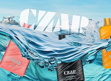 Showcasing the vibrant CZAR CZ9000 vape collection underwater, featuring bold flavors and sleek designs.