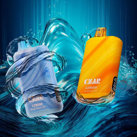 Close-up of CZAR CZ9000 disposable vapes in Blue Razz Ice and Mandarin Elf flavors with a refreshing water-themed backdrop.