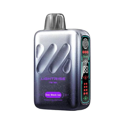 Front view of a Lost Vape Lightrise TB 18K vape device with a striking gradient design transitioning from black-blue to grey, showcasing its modern appearance, long screen, and touch button for mode selection, offering a bold Duo Black Ice flavor fusion.