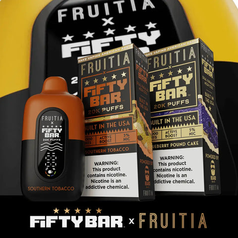 Fifty Bar X Fruitia 20K high-puff disposable vape device with multiple flavor options