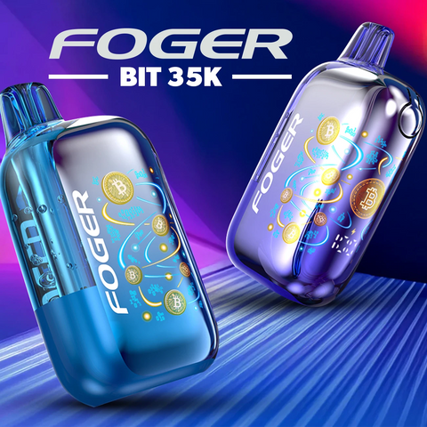 Foger Bit 35K Disposable Vape featuring electroplating mirror polishing finish on display with modern hexagon backdrop