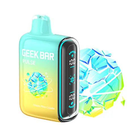 Front view of the New Geek Bar Pulse Vape in Frozen Pina Colada flavor, showcasing a stunning gradient design from Naples yellow to celeste. The device features a full-screen display, providing users with easy access to battery and e-juice level information for a seamless vaping experience.