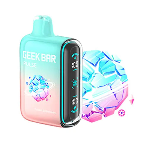 Front view of the New Geek Bar Pulse Vape in Frozen Strawberry flavor, featuring a captivating gradient design from Spanish pink to celeste. The device boasts a full-screen display, enabling users to easily monitor battery life and e-juice levels for a seamless vaping experience.