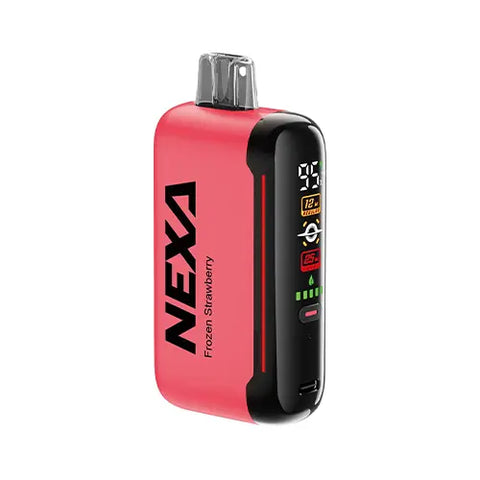 Front view of the NEXA N20000 Disposable Vape in Candy Pink color, showcasing the innovative 'Mega Screen' display and featuring the deliciously juicy strawberries chilled to icy perfection in the Frozen Strawberry flavor.