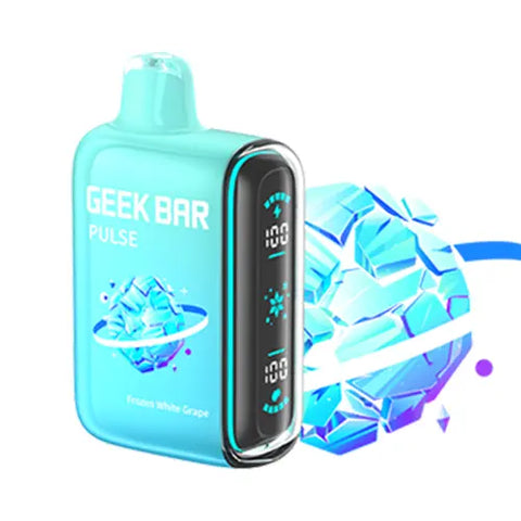 Front view of the New Geek Bar Pulse Vape in Frozen White Grape flavor, featuring a captivating gradient design from electric blue to celeste. The device boasts a full-screen display, allowing users to easily monitor battery life and e-juice levels for a seamless vaping experience.