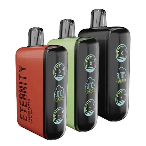 Front view of three Fume Eternity 20000 disposable vapes, showcasing a variety of flavors and colors. Each device features a sleek design, digital screen, and rechargeable 650mAh battery for extended usage. Explore 17 enticing flavors, including Black Ice and Tropicanna, with this comprehensive 10 pack bundle.