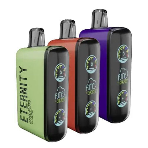 Front view of three Fume Eternity 20000 disposable vapes, showcasing a variety of flavors and colors. Each device features a sleek design, digital screen, and rechargeable 650mAh battery for extended usage.