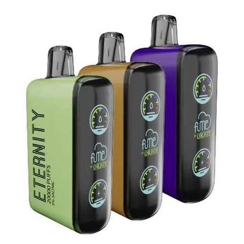 Front view of three Fume Eternity 20000 disposable vapes, showcasing a variety of flavors and colors. Each device features a sleek design, digital screen, and rechargeable 650mAh battery for extended usage.