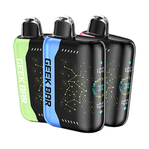 Three Geek Bar Pulse X 25K vape devices in different colors showcasing their innovative 3D curved screens, featuring a wide array of mouthwatering flavors.