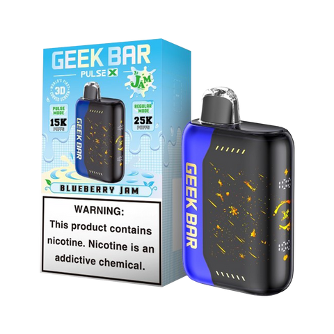 Geek Bar Pulse X Jam Edition Blueberry Jam flavor disposable vape with 25,000 puffs and 3D curved screen