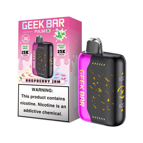 Geek Bar Pulse X Raspberry Jam flavor, 25,000 puff disposable vape with USB-C charging and adjustable airflow
