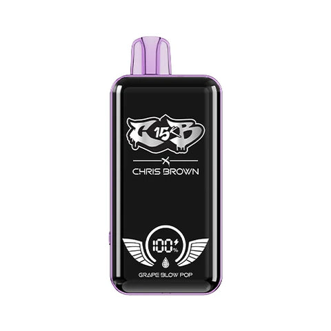 Front view of the lavender Chris Brown CB15K Vape in Grape Blow Pop flavor, highlighting its sleek design, unique display screen, and advanced features for a nostalgic and satisfying vaping experience.
