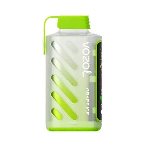 Grape Ice Vozol Gear Power 20000 disposable vape in a sleek Green Serum design, showcasing a full-view display and protective mouthpiece lid. The device features advanced S.i.L.C Tech for smooth, consistent puffs and offers up to 20000 puffs with its 20mL pre-filled e-liquid and efficient dual mesh coils.