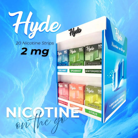 Hyde Nicotine Strips 2mg - 20ct display with 6 flavors in compact, smoke-free strip format.