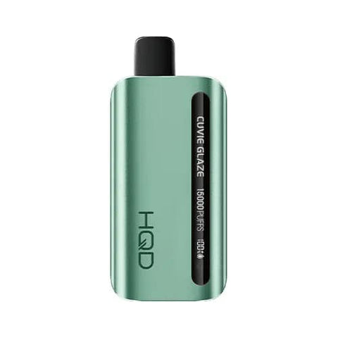 HQD Glaze 15000 Vape in silver light green color with LED display showing battery and e-liquid percentage. The Ice Mint flavor offers a sophisticated and discreet design, featuring a 7-12W power range, 1.3 ohm resistance, and mesh coil technology