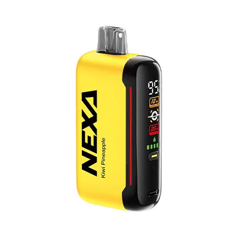 Front view of the NEXA N20000 Disposable Vape in Minion Yellow color, showcasing the innovative 'Mega Screen' display and featuring the tropically fruity mix of tangy kiwis and sweet pineapples in the Kiwi Pineapple flavor.