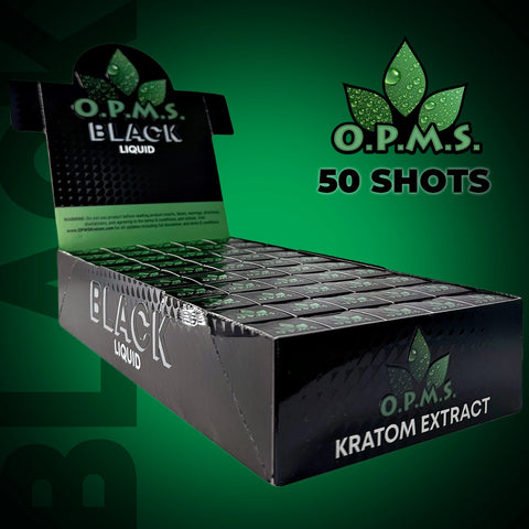 OPMS Black Liquid Kratom Shots - 50 Pack in black display box with green accents.