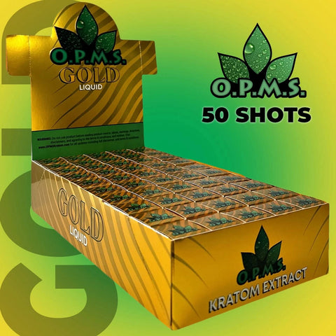 OPMS Gold Liquid Kratom Shots - 50 Pack in gold display box with green-yellow gradient backdrop.