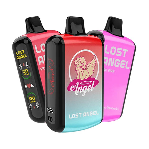 The Lost Angel Pro Max Vape 20K 10 Pack Bundle showcases three disposable vape devices in different colors, representing the extensive variety of flavors available in this cost-saving and comprehensive bundle.