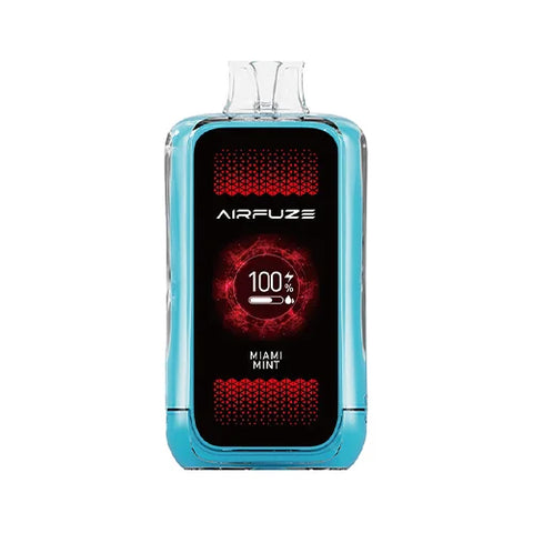 Front view of the maximum blue Airfuze Jet 20000 Vape in Miami Mint flavor, showcasing the sleek design and user-friendly interface, including the clear indicator screen and humanized air regulating valve for a personalized vaping experience.