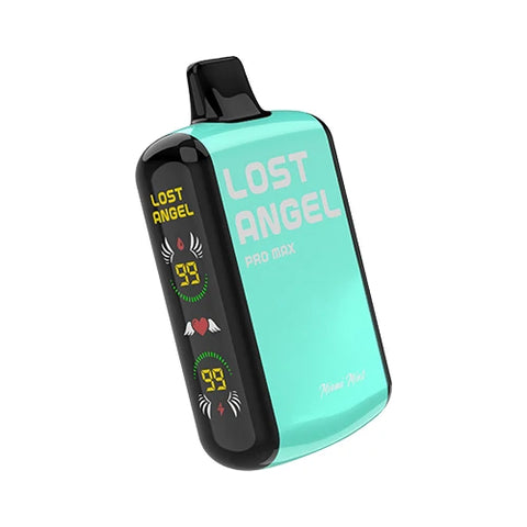 Front view of the Lost Angel Pro Max Vape in Middle Blue Green color, highlighting the dual-screen display and sleek design of this disposable vape device filled with the refreshing and invigorating Miami Mint flavored e-liquid.